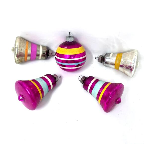 Vintage Shiny Brite Striped Bell Globe Glass Ornament Lot of 5 Pink Silver MCM